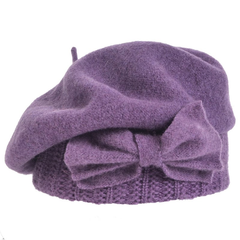 VECRY Lady French Beret 100% Wool Beret Floral Dress Beanie Winter Hat (Bow-Purple) - Image 2